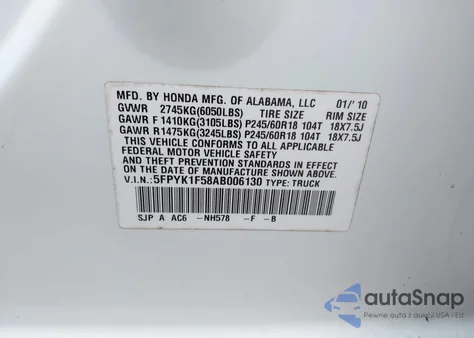 2010 Honda Ridgeline Rtl z USA, uszkodzony, nr VIN 5FPYK1F58AB006130